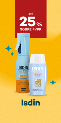 Protetores Solares da marca Isdin com destaque promocional de at&eacute; 25% sobre pre&ccedil;o de Venda ao P&uacute;blico Recomendado